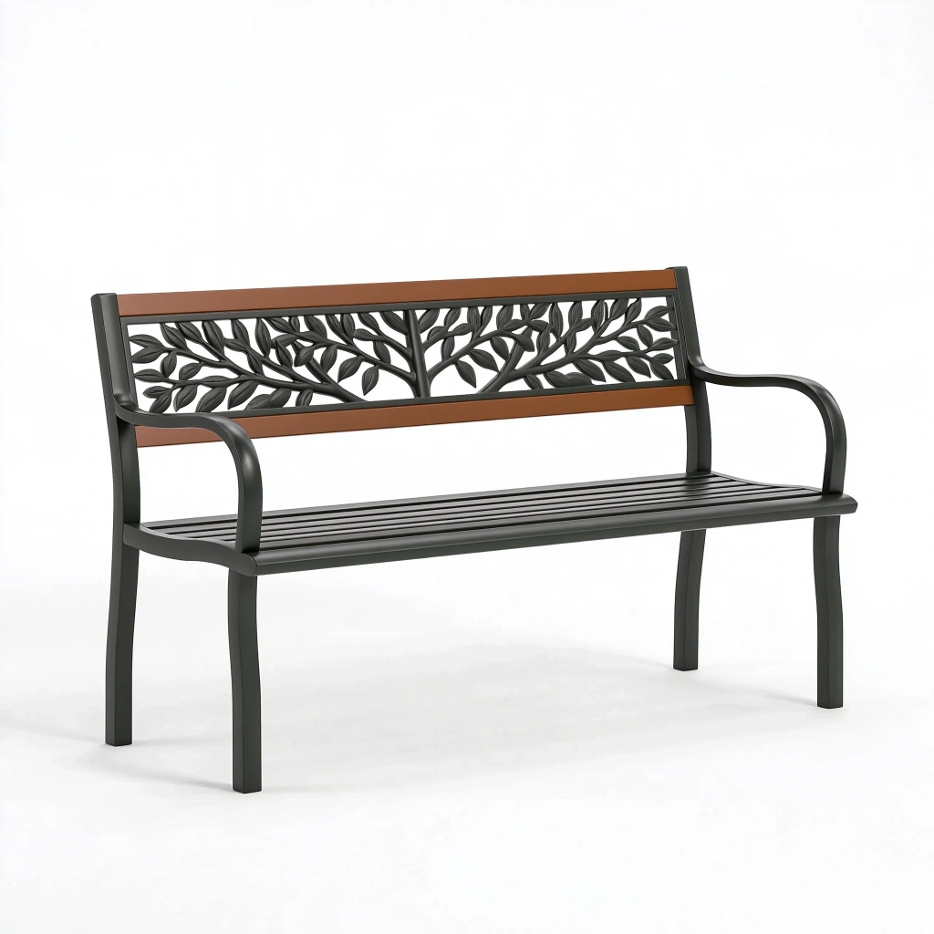 Ławka ogrodowa 120 x 60 x 85 cm metalowa czarno brązowa z oparciem roślinnym