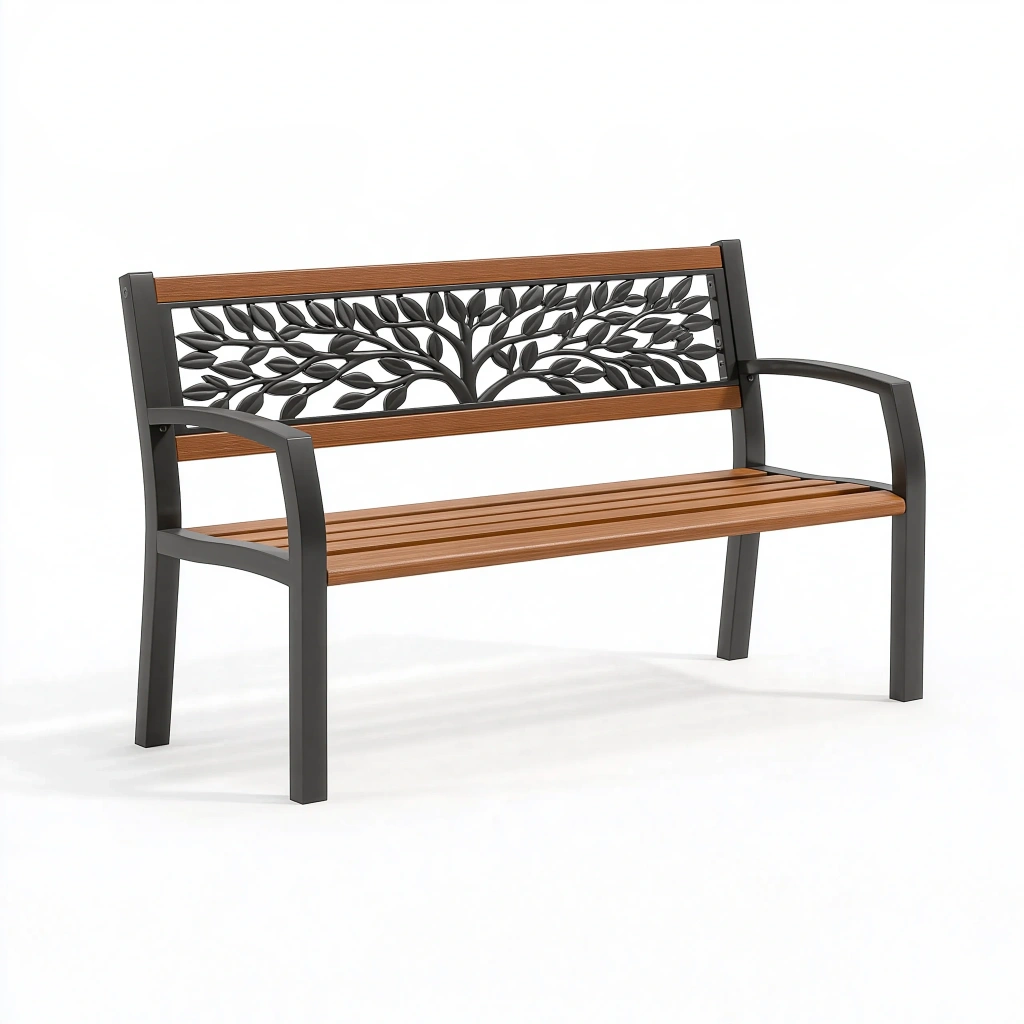 Ławka ogrodowa 125 x 60 x 85 cm metalowa brązowo-czarna z oparciem w motyw liści