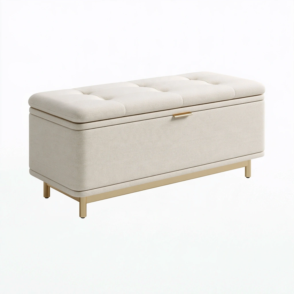 Ławka ze schowkiem 100 x 40 x 45 cm z tapicerką kremowa - pikowane siedzisko i metalowe nogi